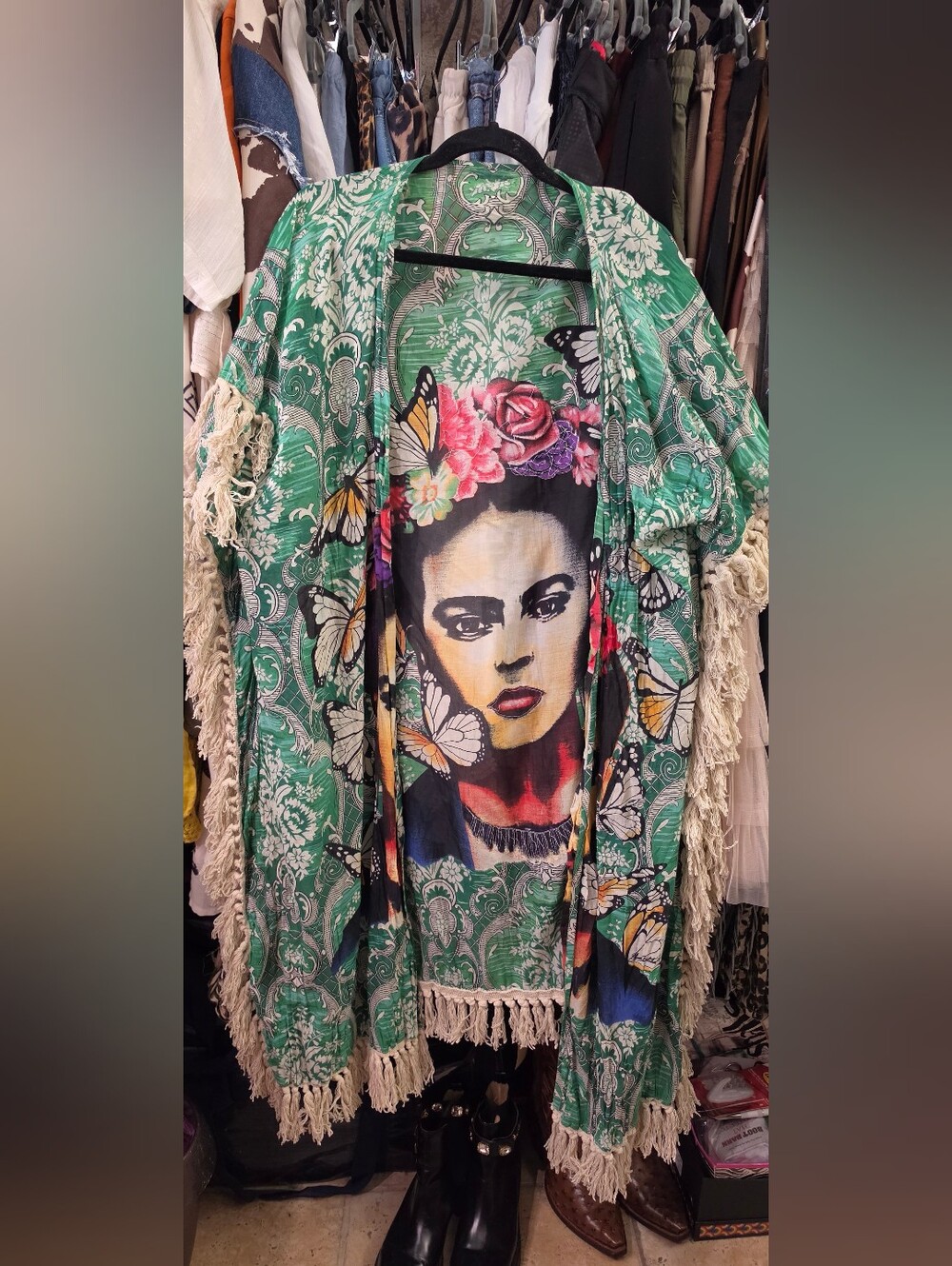 Frida Kahlo Inspired Green Bohemian Fringe Kimono Duster